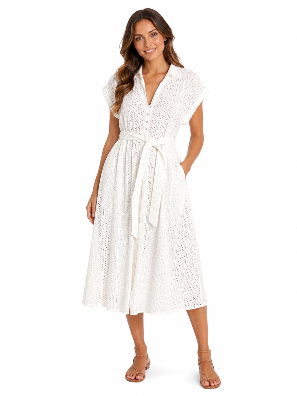 Goa Paris White Eyelet Midi Dress Cotton Tie Waist Nwot Size L